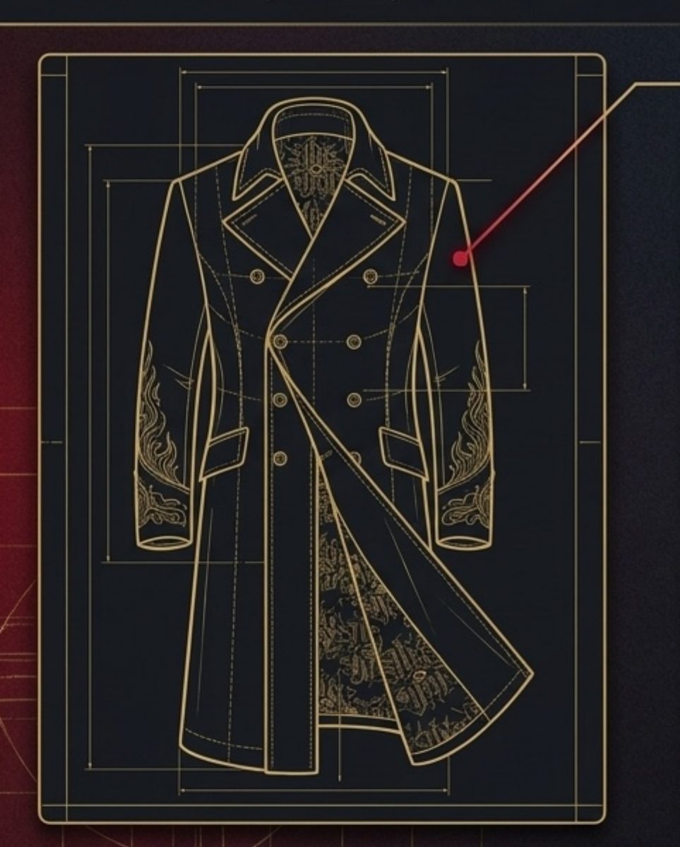 Armored Overcoat heavy wool double-breasted coat, technical blueprint drawing