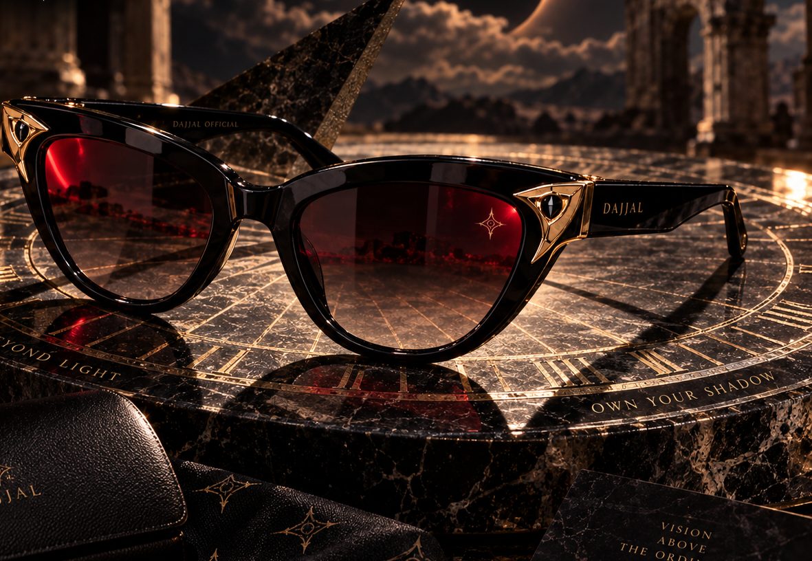 Eclipse Eyewear black acetate sunglasses with gradient red lenses, concept render
