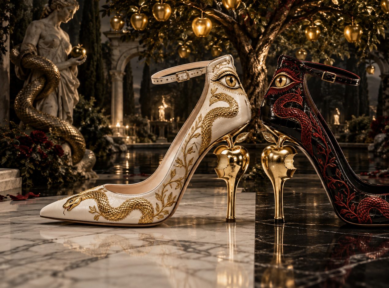 The First Temptress pointed pump coiled in gold on sculpted heels, concept render