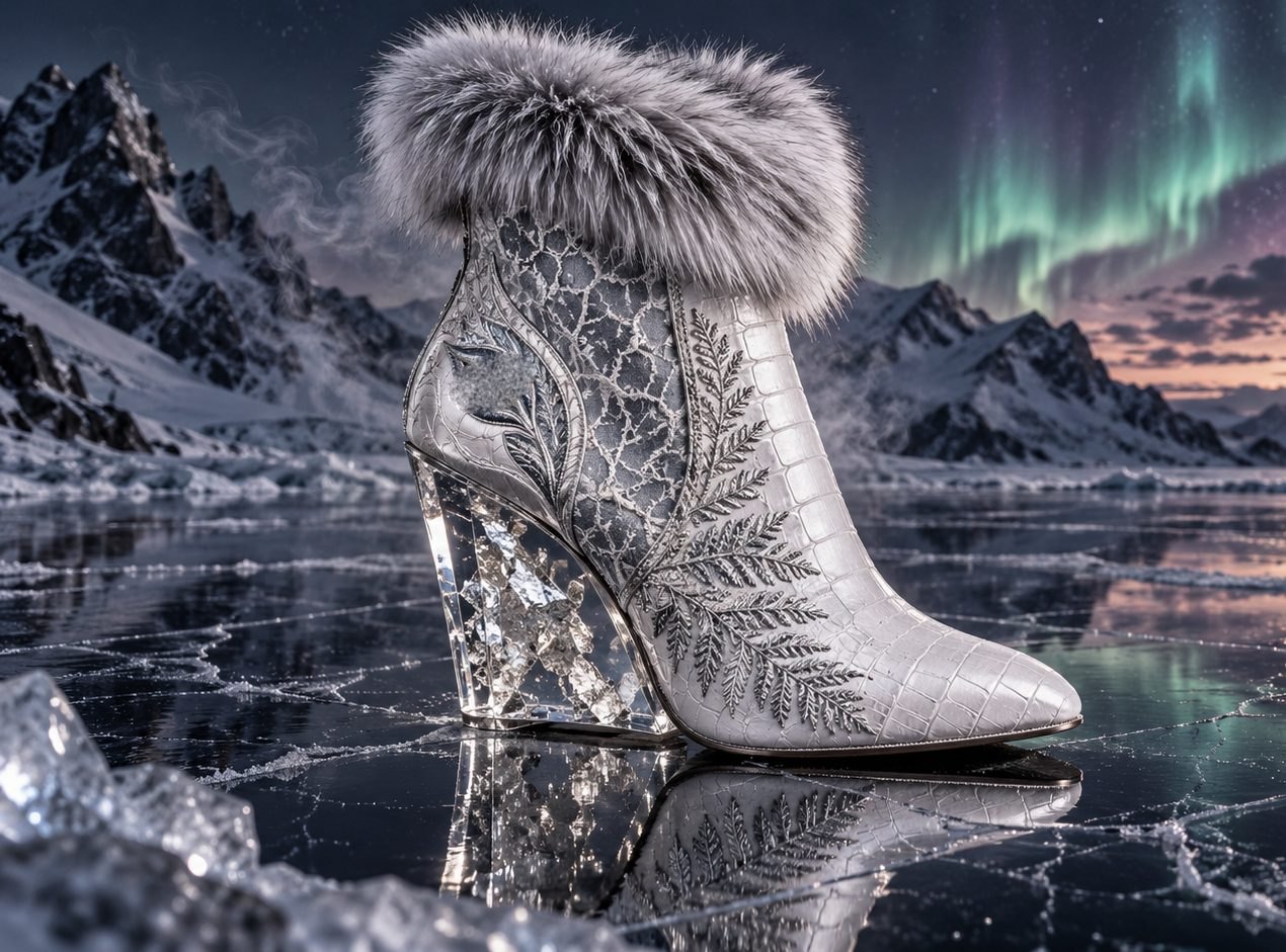 Frost Vixen ice-white etched ankle boot with faux-fur collar and crystal wedge, concept render