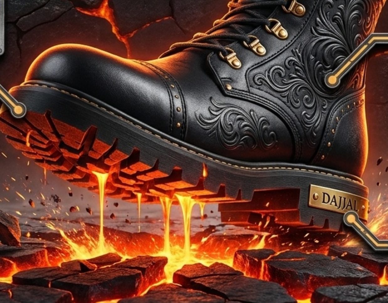 Magma Core armored terrain boot with hand-tooled leather and molten-cracked sole, concept render