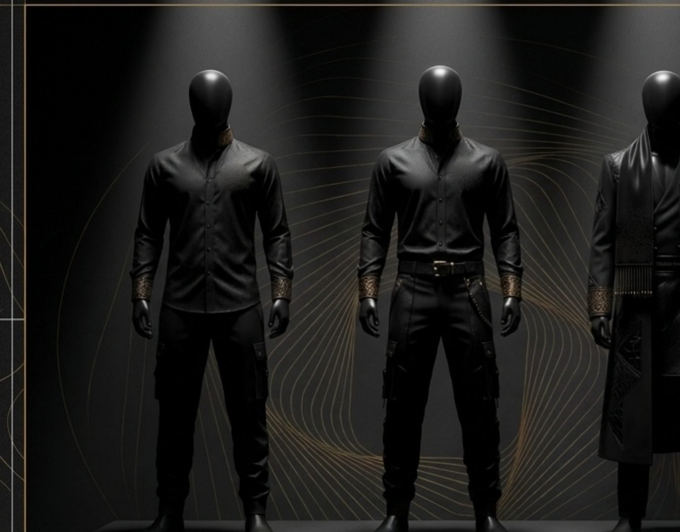 Menswear looks in black on sculptural mannequins, concept render