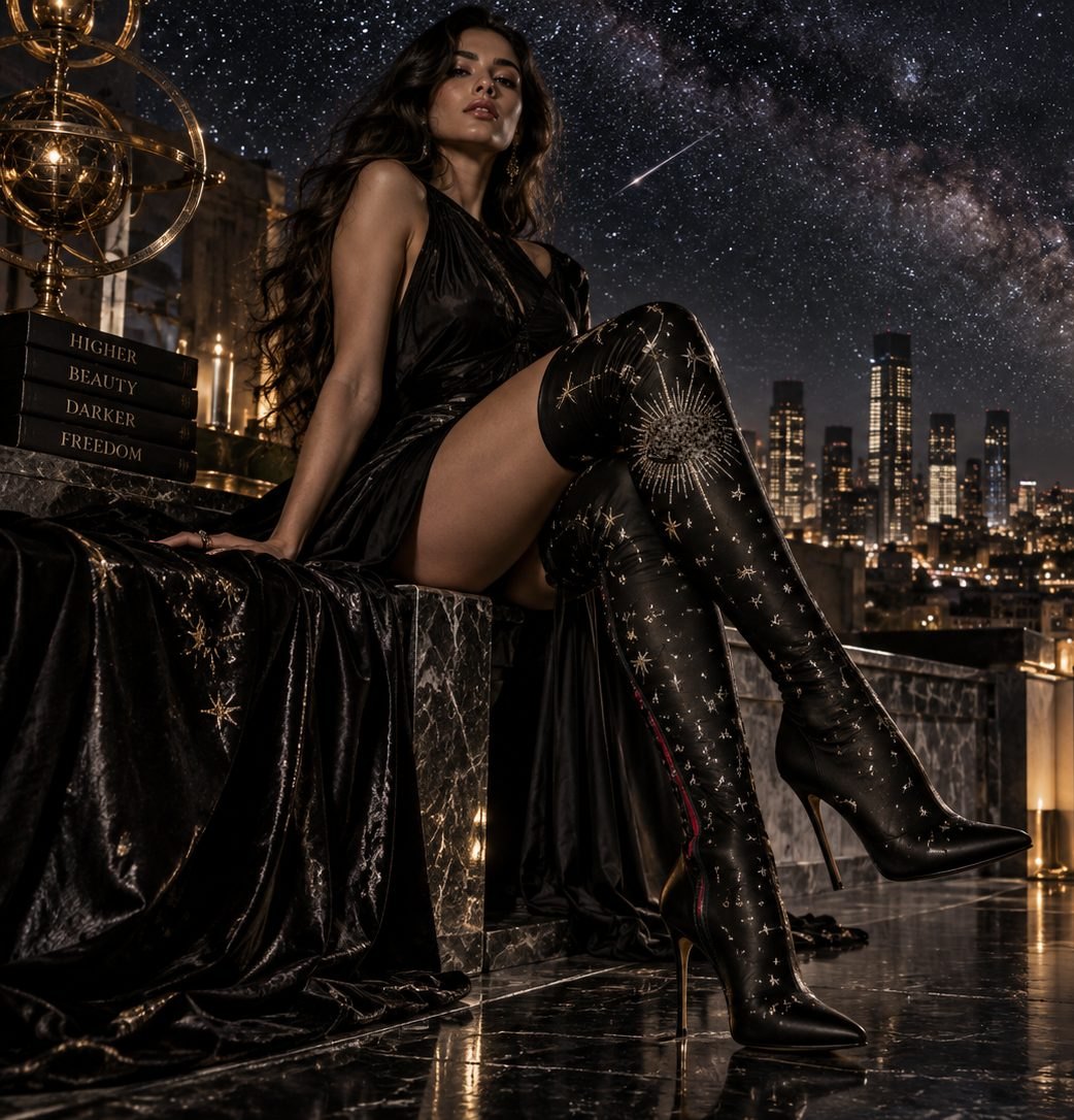 Midnight Enchantress thigh-high black boot with gold stars, concept render