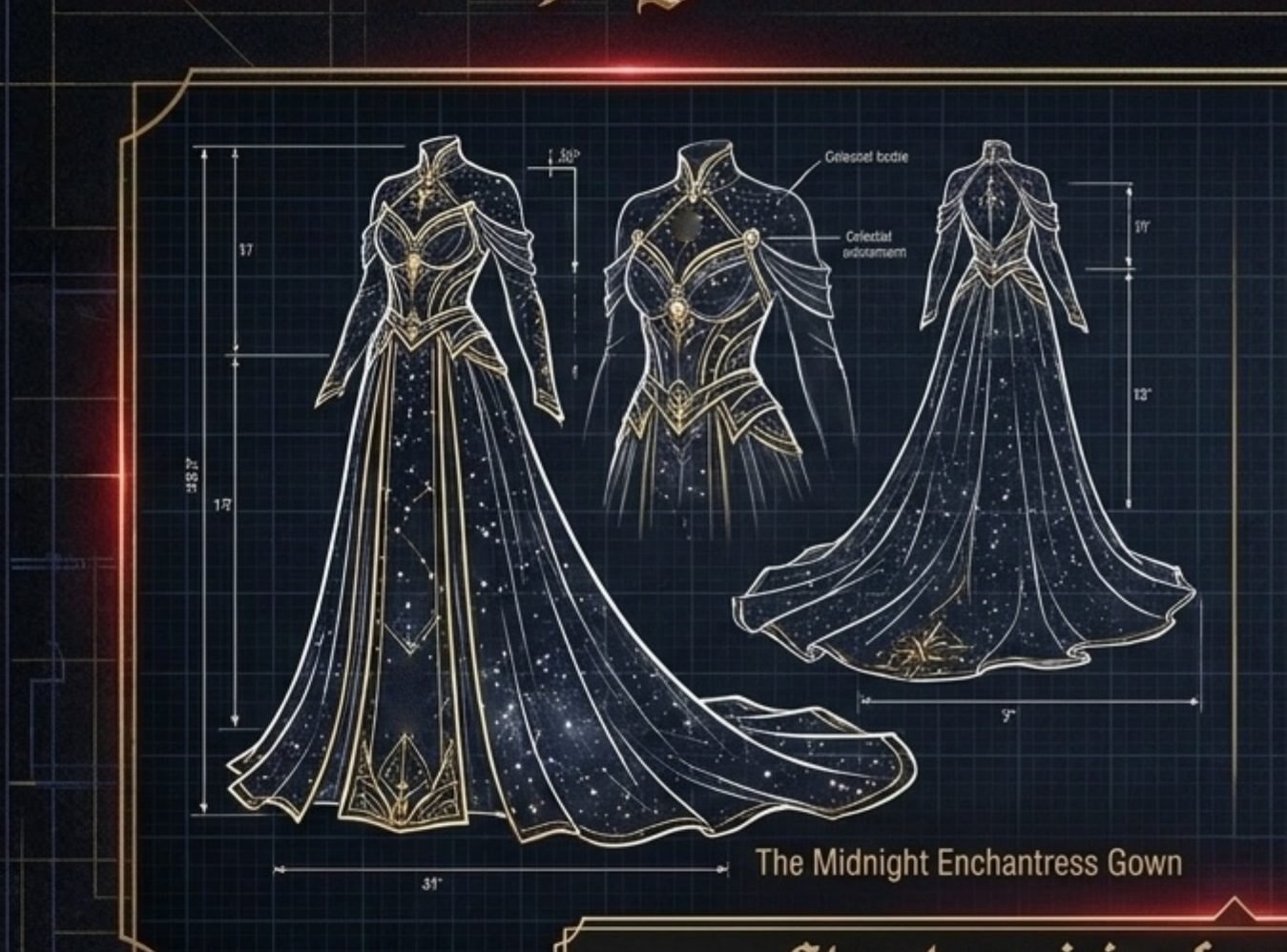 Midnight Enchantress Gown celestial evening gown, technical blueprint drawing