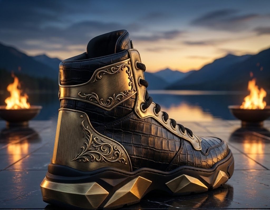 Obsidian Monarch armored black and aged-gold high-top sneaker on a faceted sole, concept render