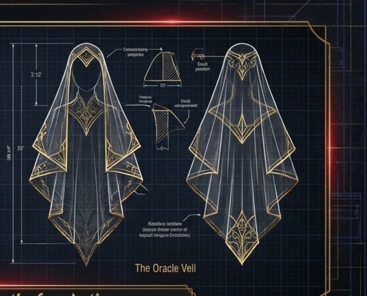 The Oracle Veil sheer layered veil edged in gold, technical blueprint drawing