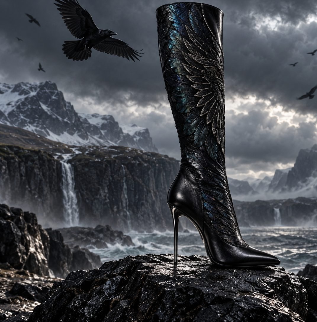 Raven Throne knee-high black stiletto boot with feathered embroidery, concept render