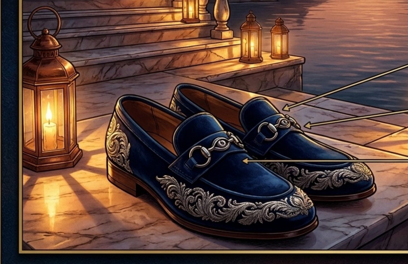 Sovereign Velvet Loafer midnight velvet loafer with gold bullion embroidery, concept render