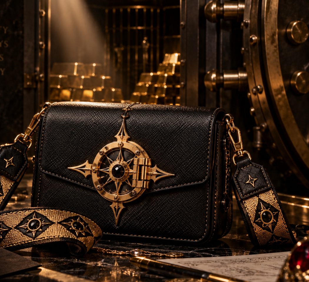 The Vault Mini black Saffiano mini bag with a gold vault-lock, concept render