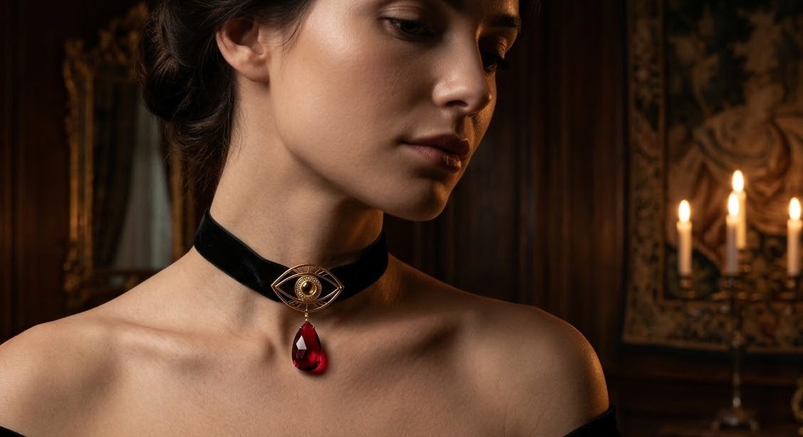 Vesper Choker black velvet choker with a gold-set crimson stone, concept render